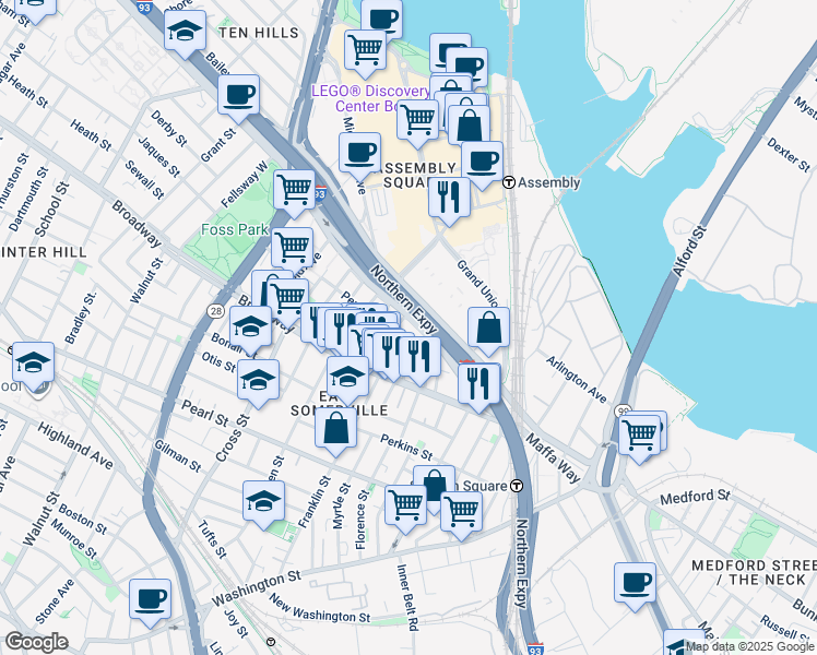 map of restaurants, bars, coffee shops, grocery stores, and more near 1162 Austin Street in Somerville