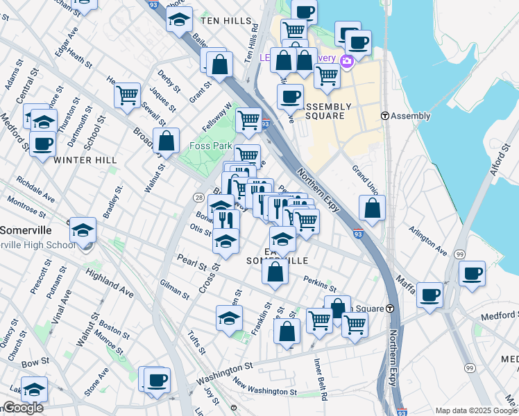 map of restaurants, bars, coffee shops, grocery stores, and more near 149 Broadway in Somerville