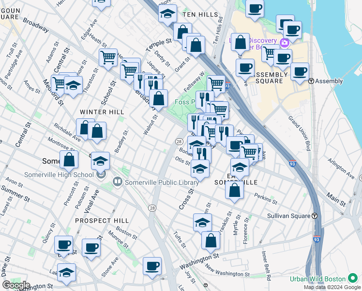 map of restaurants, bars, coffee shops, grocery stores, and more near in Somerville