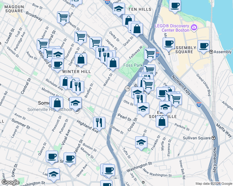 map of restaurants, bars, coffee shops, grocery stores, and more near 39 Wigglesworth Street in Somerville