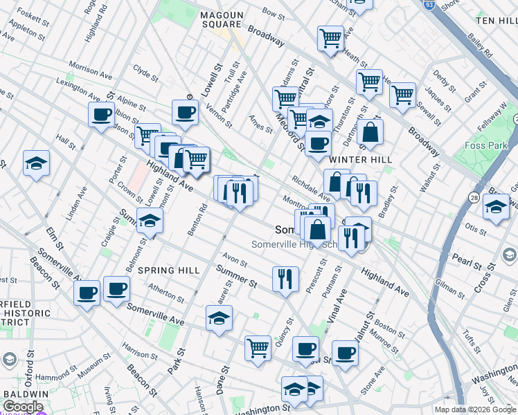 map of restaurants, bars, coffee shops, grocery stores, and more near 14 Sycamore Street in Somerville