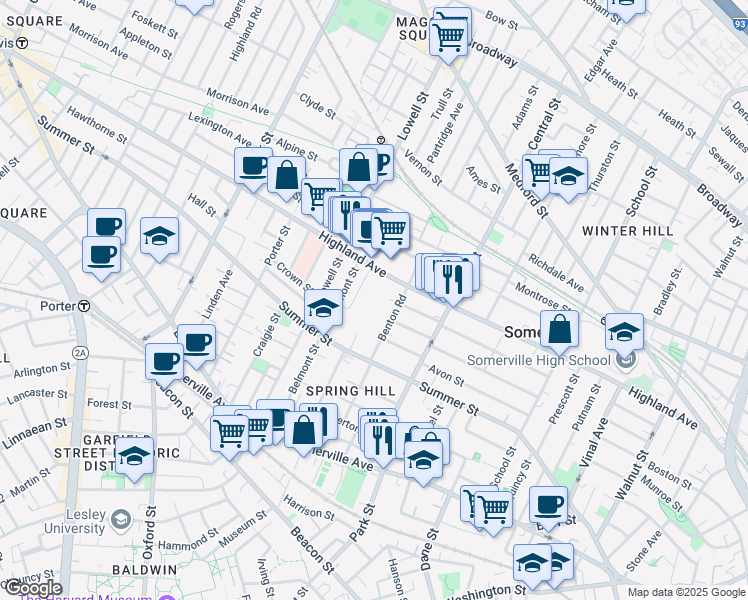 map of restaurants, bars, coffee shops, grocery stores, and more near 44 Benton Road in Somerville