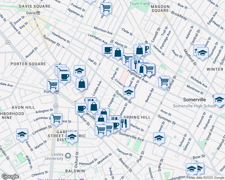 map of restaurants, bars, coffee shops, grocery stores, and more near 215 Summer Street in Somerville