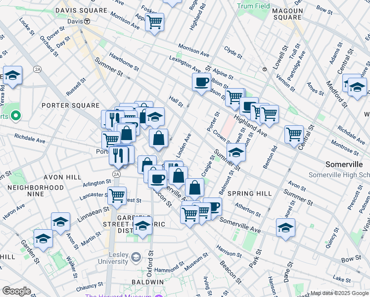 map of restaurants, bars, coffee shops, grocery stores, and more near 29a Linden Avenue in Somerville