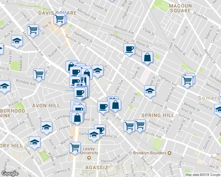 map of restaurants, bars, coffee shops, grocery stores, and more near in Somerville