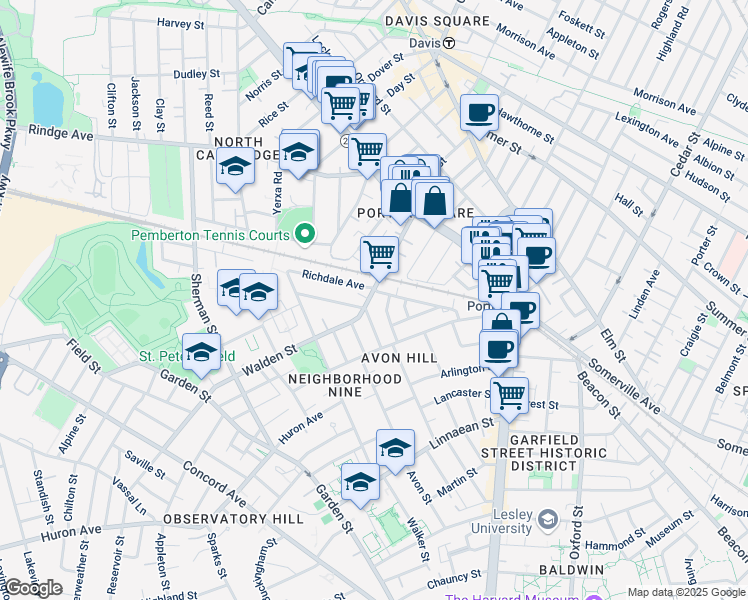 map of restaurants, bars, coffee shops, grocery stores, and more near 77 Walden Street in Cambridge
