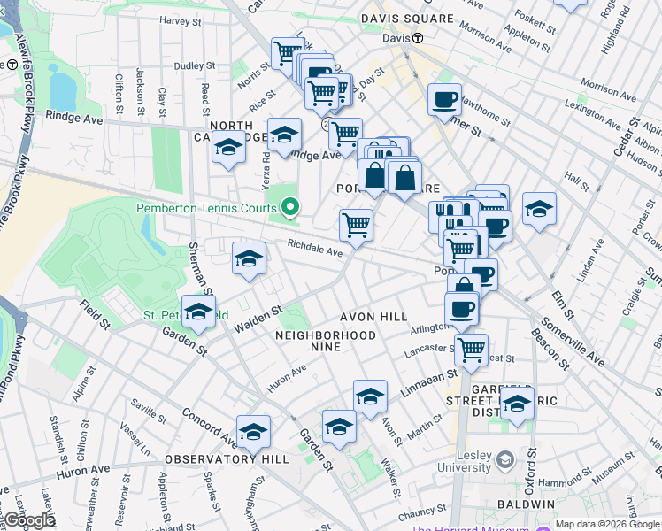map of restaurants, bars, coffee shops, grocery stores, and more near 77 Walden Street in Cambridge