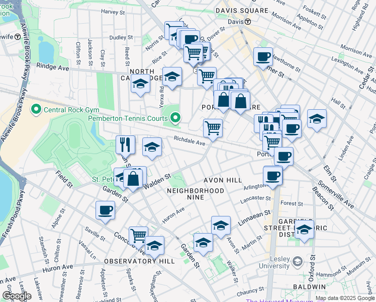 map of restaurants, bars, coffee shops, grocery stores, and more near 36 Hubbard Avenue in Cambridge