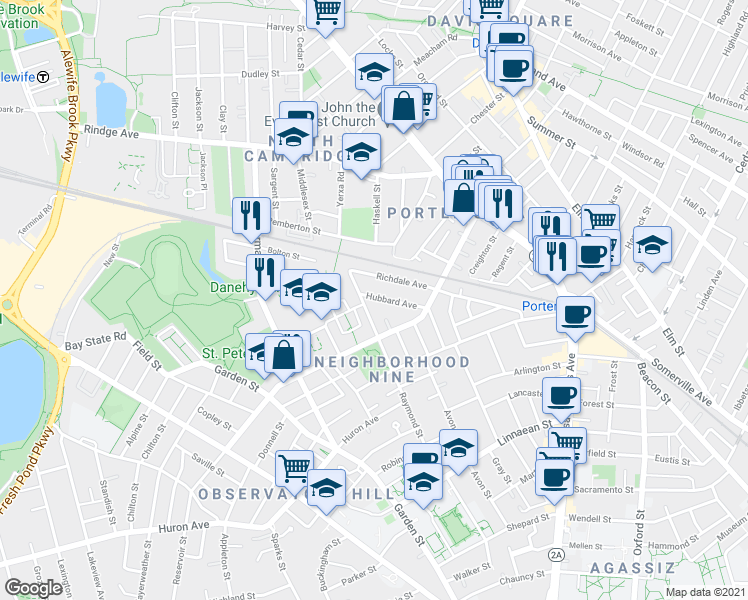map of restaurants, bars, coffee shops, grocery stores, and more near 36 Hubbard Avenue in Cambridge