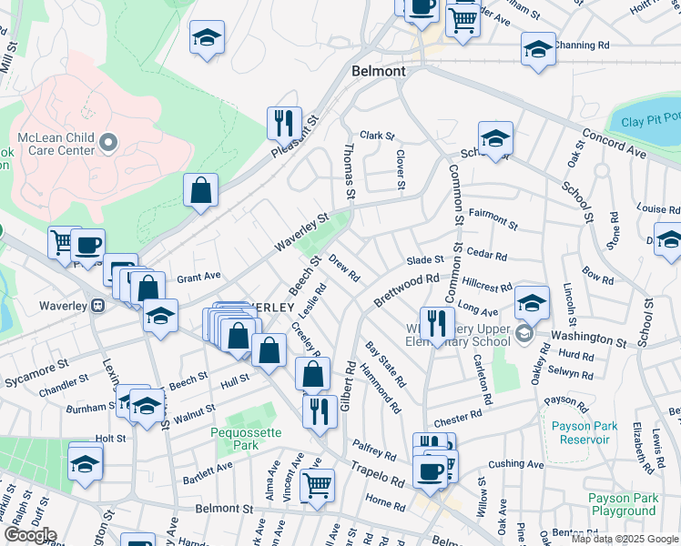 map of restaurants, bars, coffee shops, grocery stores, and more near 28 Upland Road in Belmont