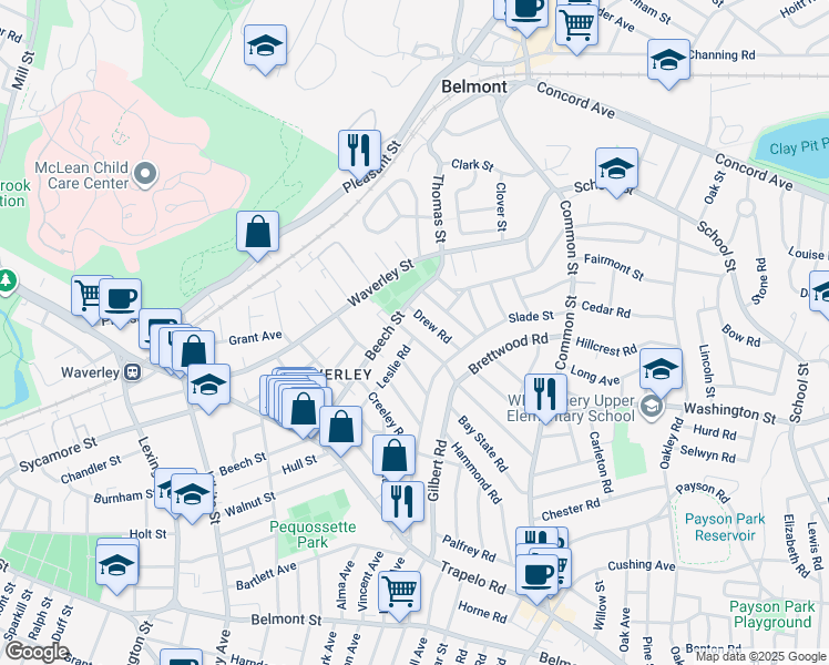 map of restaurants, bars, coffee shops, grocery stores, and more near 28 Upland Road in Belmont