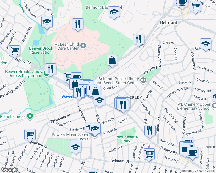 map of restaurants, bars, coffee shops, grocery stores, and more near 36 Grant Avenue in Belmont