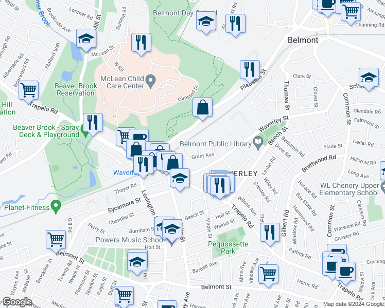map of restaurants, bars, coffee shops, grocery stores, and more near 32 Grant Avenue in Belmont