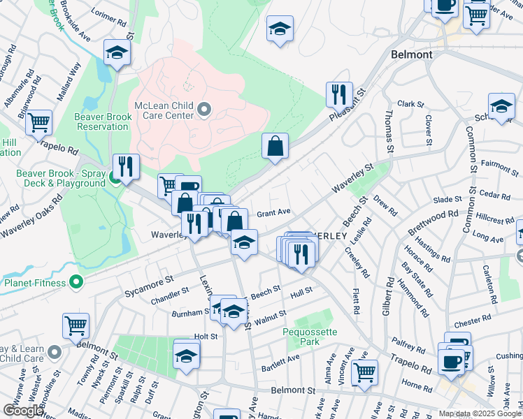 map of restaurants, bars, coffee shops, grocery stores, and more near 32 Grant Avenue in Belmont