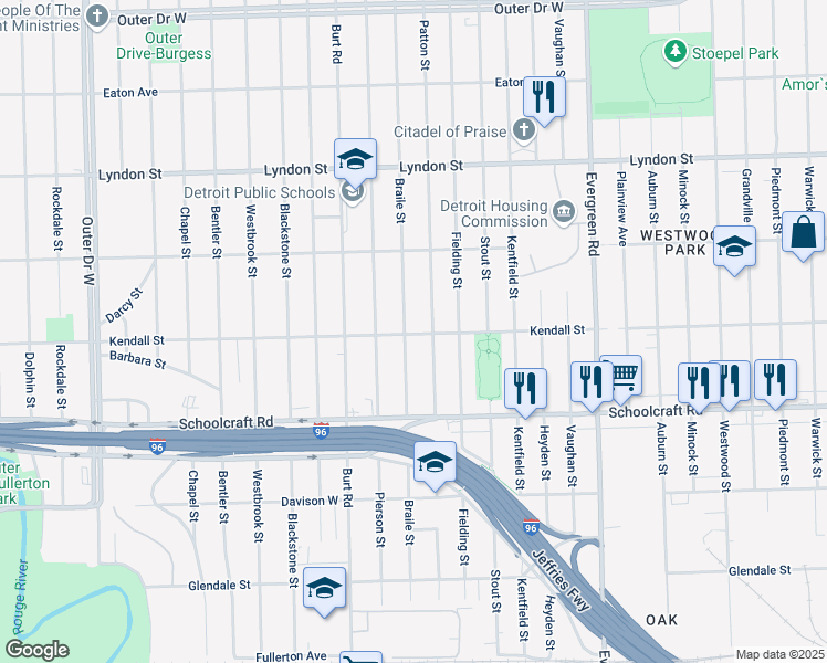 map of restaurants, bars, coffee shops, grocery stores, and more near 14056 Braile Street in Detroit