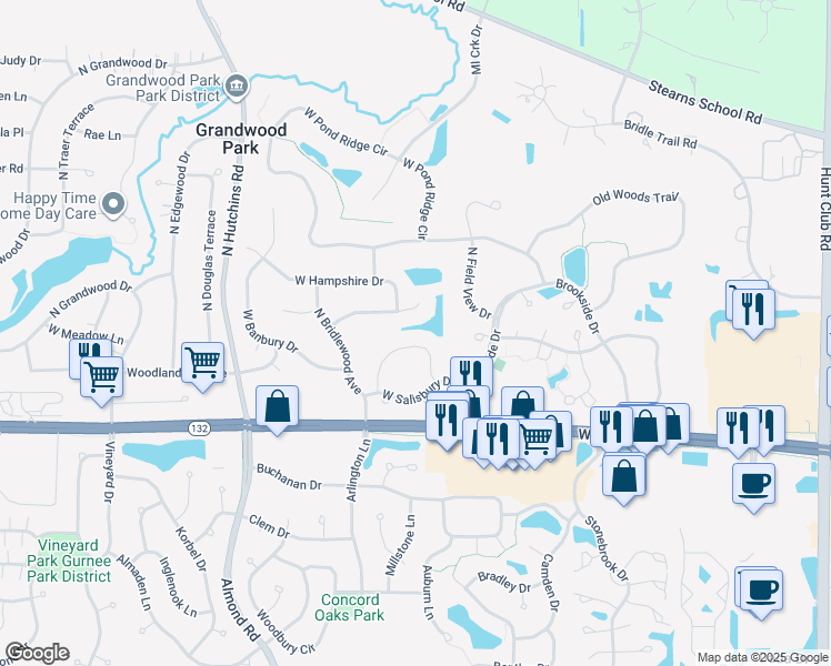map of restaurants, bars, coffee shops, grocery stores, and more near 17844 Braewick Road in Gurnee