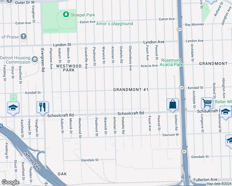 map of restaurants, bars, coffee shops, grocery stores, and more near 14046 Artesian Street in Detroit