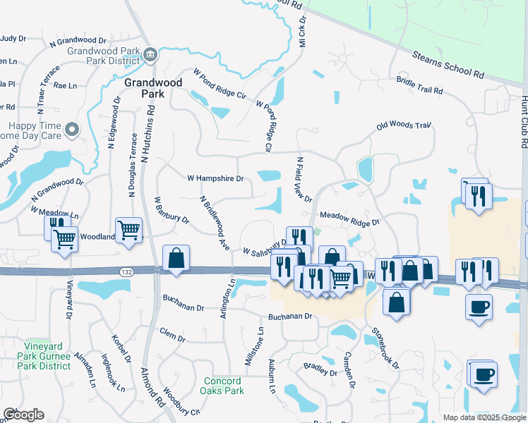 map of restaurants, bars, coffee shops, grocery stores, and more near 17844 Braewick Road in Gurnee