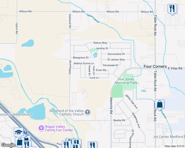 map of restaurants, bars, coffee shops, grocery stores, and more near 1245 Hawk Drive in Central Point