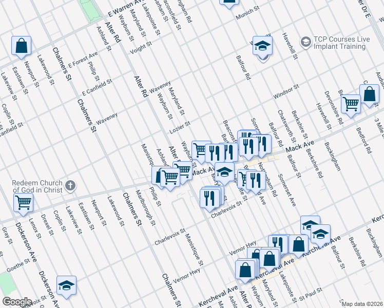 map of restaurants, bars, coffee shops, grocery stores, and more near 3572 Wayburn Street in Detroit