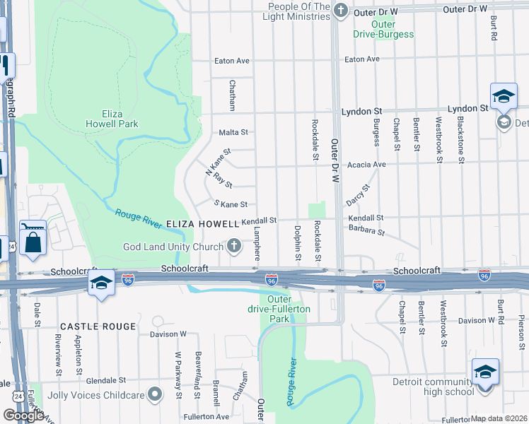 map of restaurants, bars, coffee shops, grocery stores, and more near 14117 Dacosta Street in Detroit