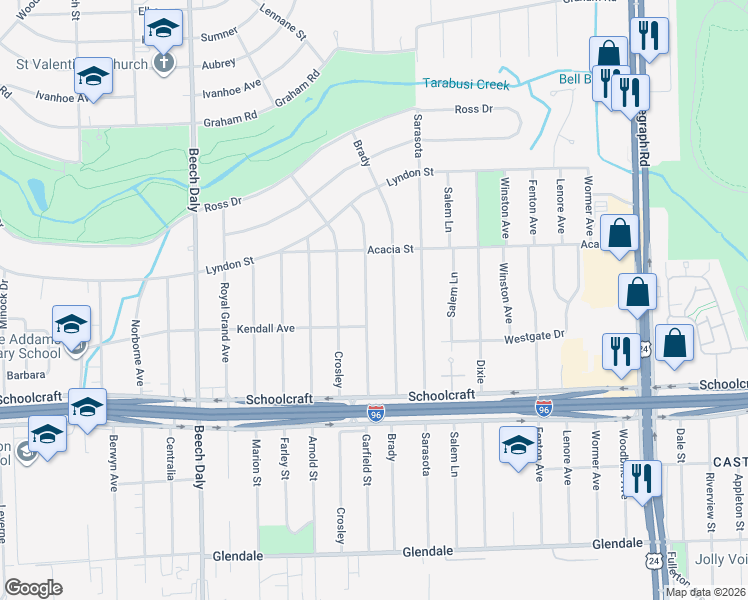 map of restaurants, bars, coffee shops, grocery stores, and more near 14143 Brady in Redford Charter Township