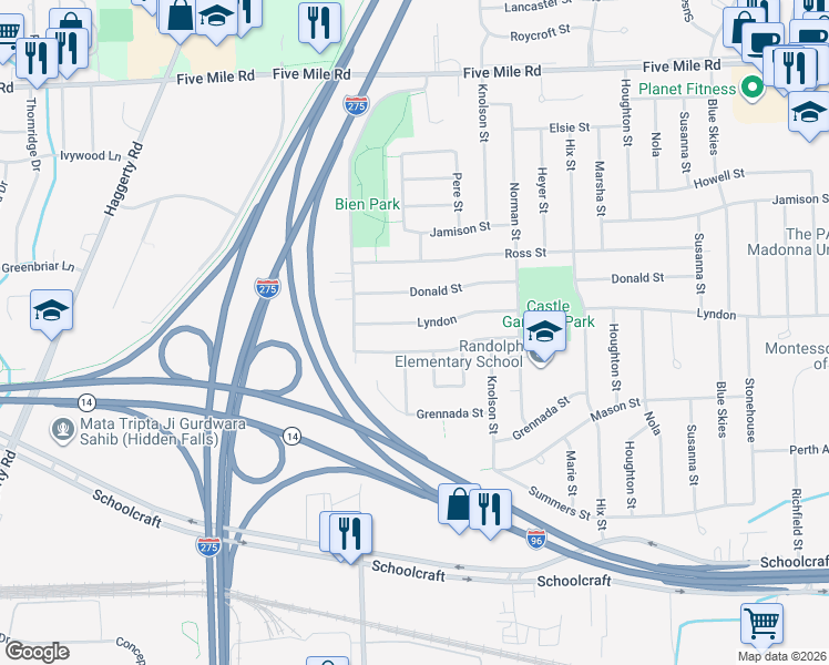 map of restaurants, bars, coffee shops, grocery stores, and more near 39115 Lyndon in Livonia