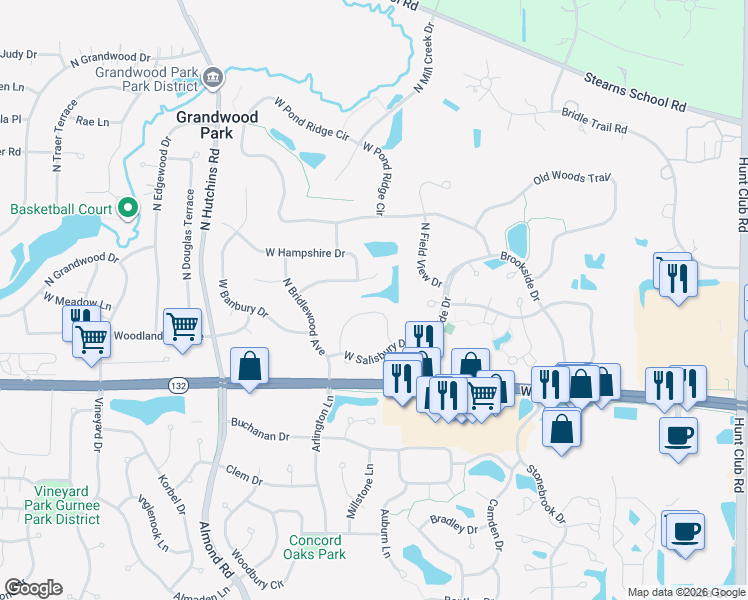 map of restaurants, bars, coffee shops, grocery stores, and more near 17844 Braewick Road in Gurnee