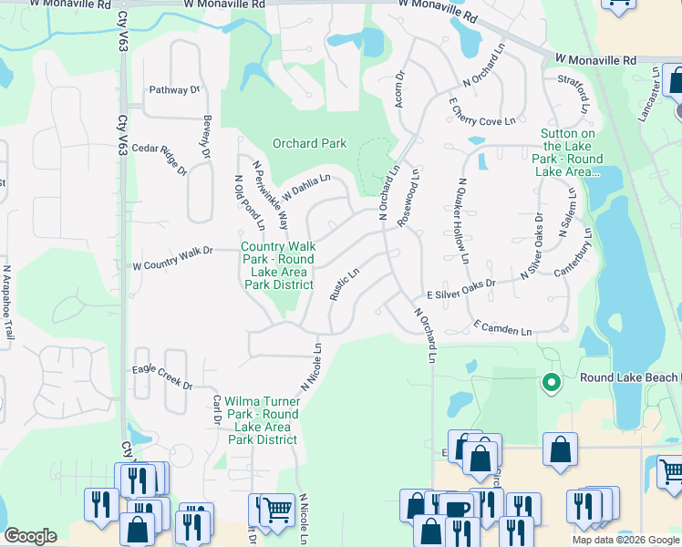 map of restaurants, bars, coffee shops, grocery stores, and more near 17 East Rustic Lane in Round Lake Beach