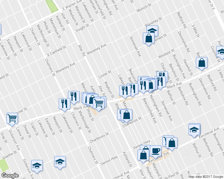 map of restaurants, bars, coffee shops, grocery stores, and more near 3572 Wayburn Street in Detroit