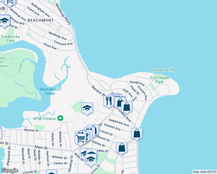 map of restaurants, bars, coffee shops, grocery stores, and more near 18 Upland Road in Winthrop