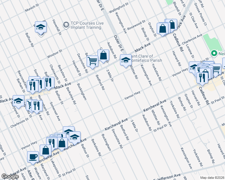 map of restaurants, bars, coffee shops, grocery stores, and more near 1337 3 Mile Drive in Grosse Pointe Park