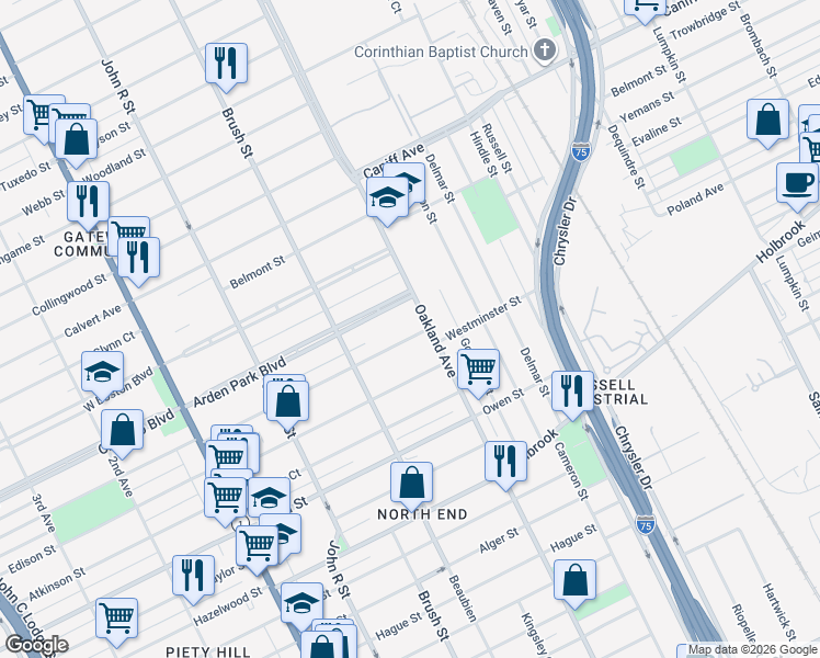 map of restaurants, bars, coffee shops, grocery stores, and more near 9445 Oakland Avenue in Detroit