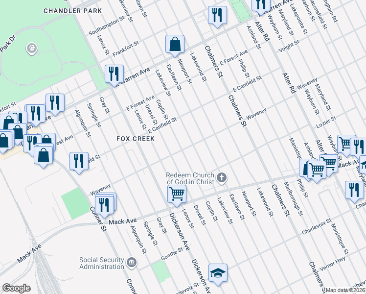 map of restaurants, bars, coffee shops, grocery stores, and more near 4308 Coplin Street in Detroit