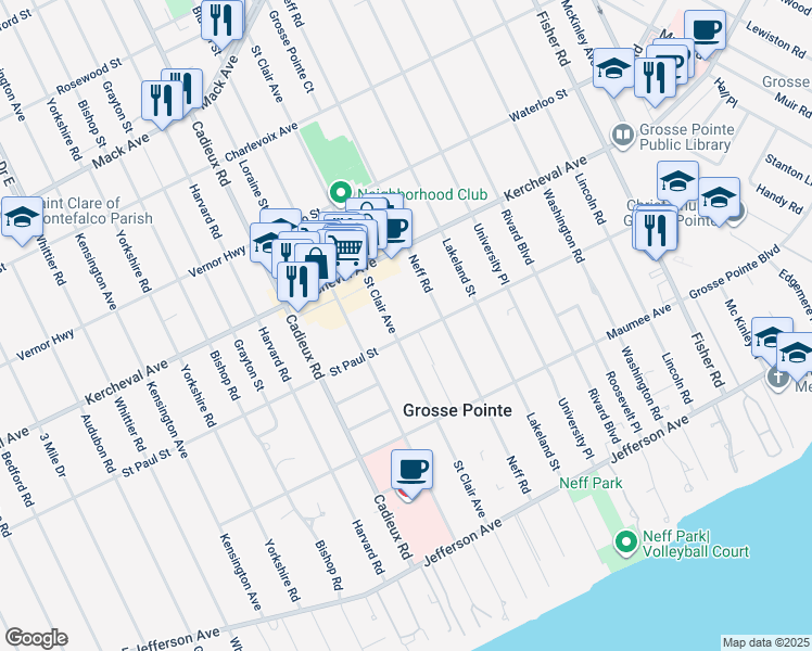 map of restaurants, bars, coffee shops, grocery stores, and more near 562 Saint Clair Avenue in Grosse Pointe