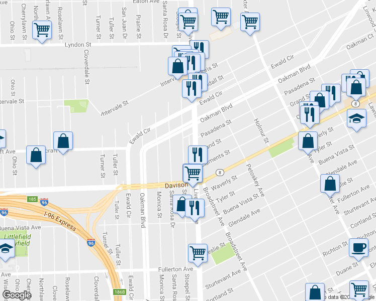 map of restaurants, bars, coffee shops, grocery stores, and more near 13648 Stoepel Street in Detroit