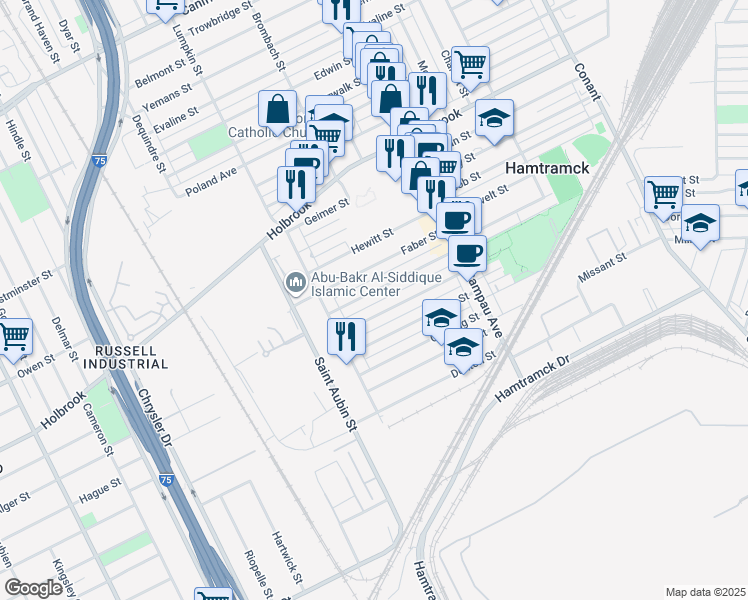 map of restaurants, bars, coffee shops, grocery stores, and more near 2323 Danforth Street in Hamtramck