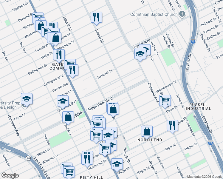 map of restaurants, bars, coffee shops, grocery stores, and more near 250 East Boston Boulevard in Detroit