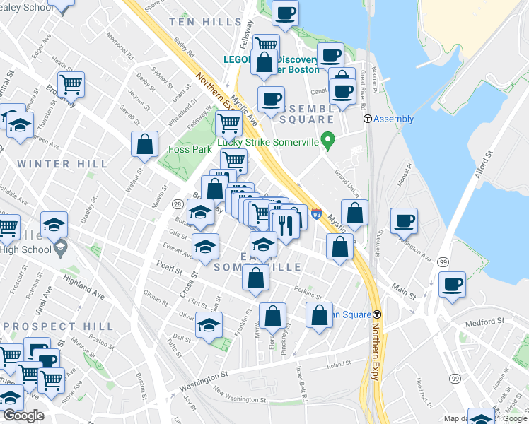 map of restaurants, bars, coffee shops, grocery stores, and more near 28 Michigan Avenue in Somerville
