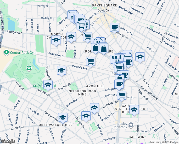 map of restaurants, bars, coffee shops, grocery stores, and more near 77 Walden Street in Cambridge
