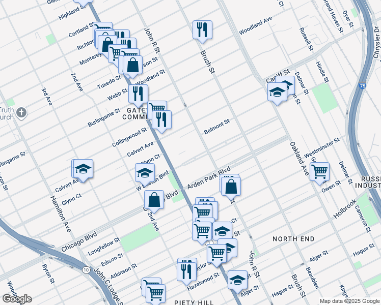map of restaurants, bars, coffee shops, grocery stores, and more near 75 East Boston Boulevard in Detroit