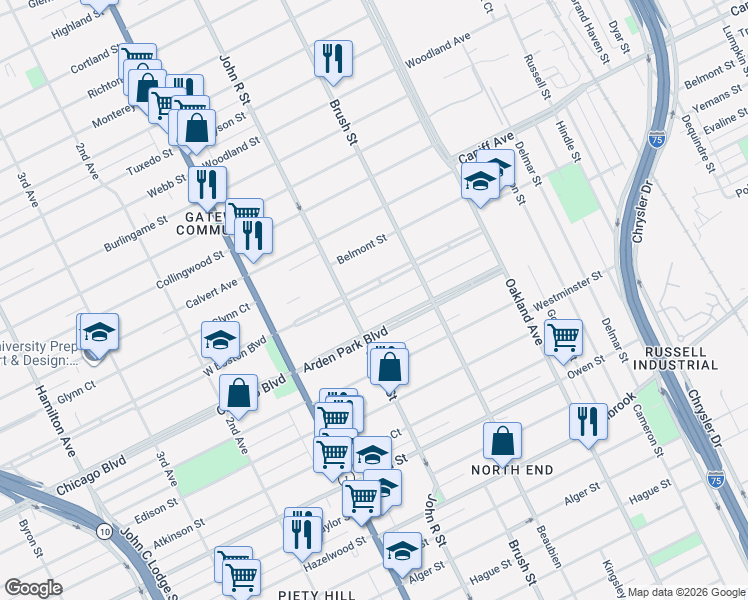 map of restaurants, bars, coffee shops, grocery stores, and more near 250 East Boston Boulevard in Detroit