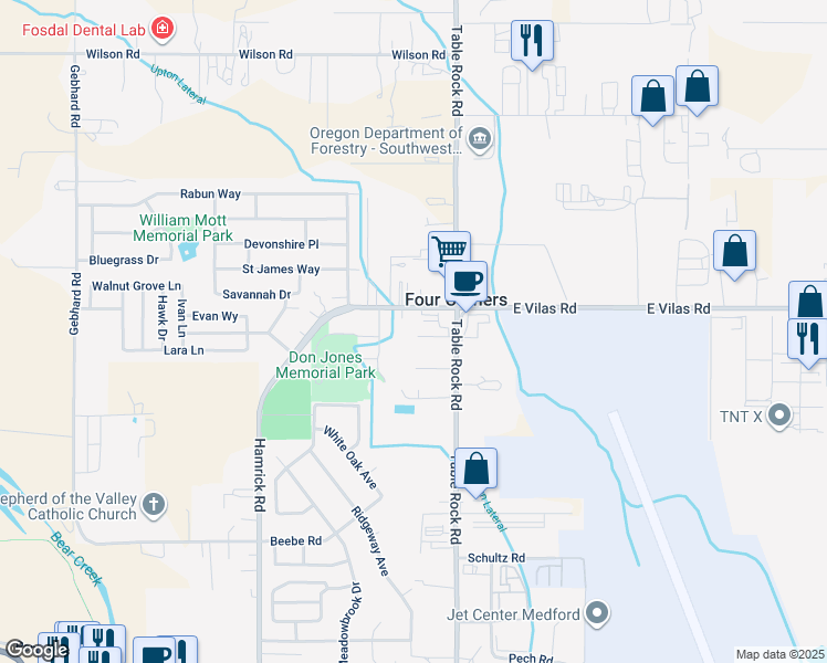 map of restaurants, bars, coffee shops, grocery stores, and more near 155 Wells Road in Central Point
