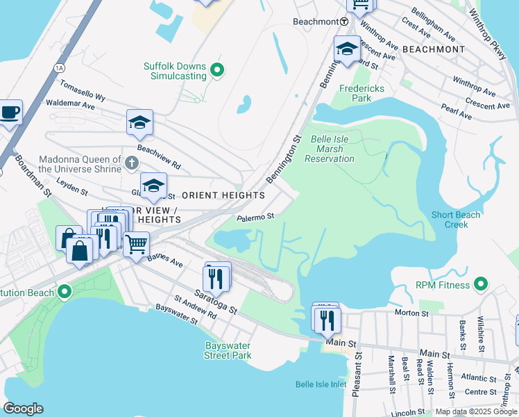 map of restaurants, bars, coffee shops, grocery stores, and more near 14 Swan Avenue in Boston