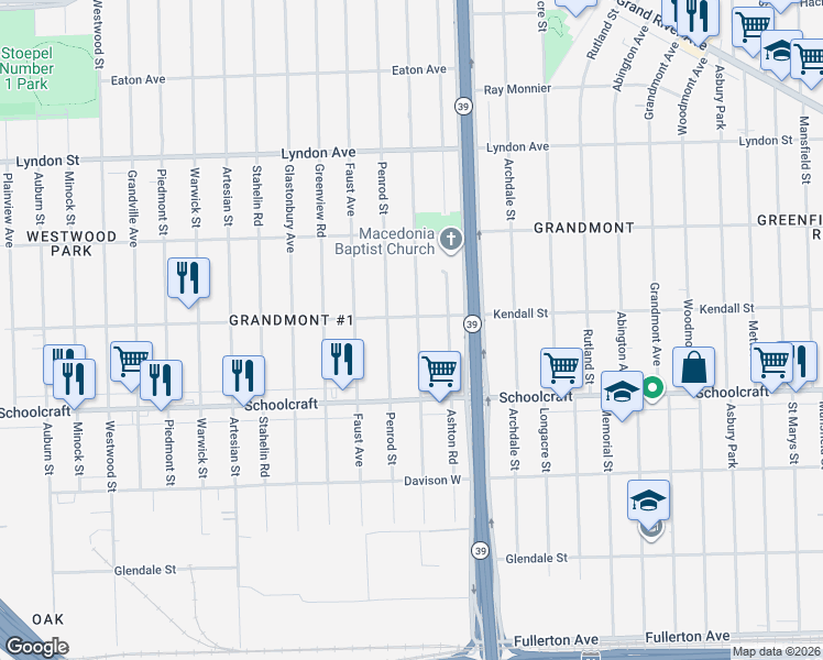 map of restaurants, bars, coffee shops, grocery stores, and more near 14031 Rosemont Avenue in Detroit