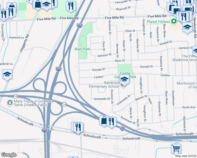 map of restaurants, bars, coffee shops, grocery stores, and more near 39115 Lyndon in Livonia