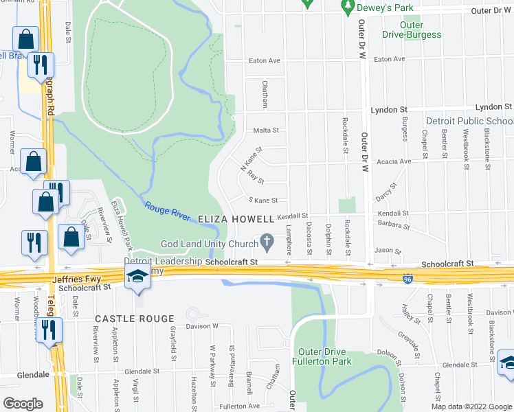map of restaurants, bars, coffee shops, grocery stores, and more near 22515 South Kane Street in Detroit