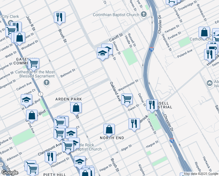 map of restaurants, bars, coffee shops, grocery stores, and more near 637 Westminster Street in Detroit