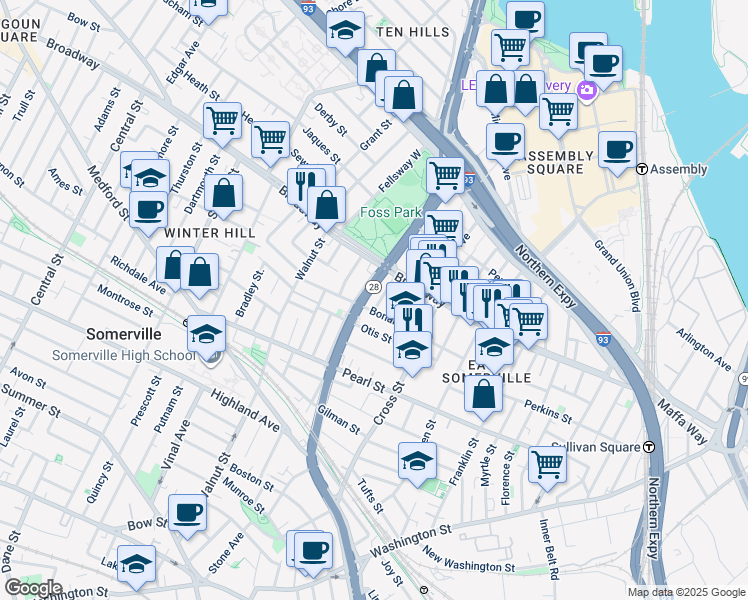 map of restaurants, bars, coffee shops, grocery stores, and more near 23 Bonair Street in Somerville