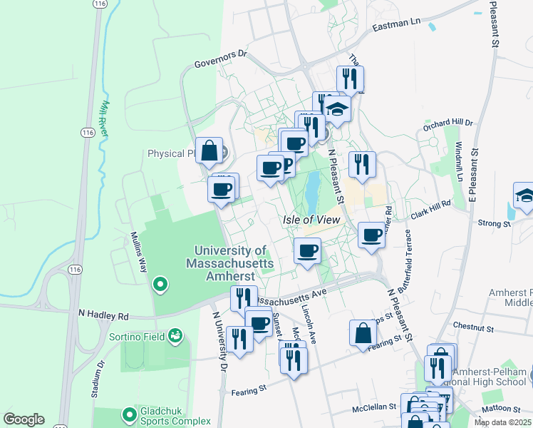 map of restaurants, bars, coffee shops, grocery stores, and more near 140 Hicks Way in Amherst